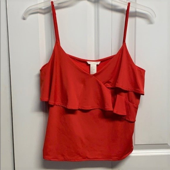 H&M Tops - H&M Red V Neck Spaghetti Strap Stretch Ruffle Tank Top Size M